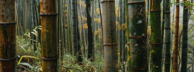Group of tall bamboo trees thrive in a dense forest setting