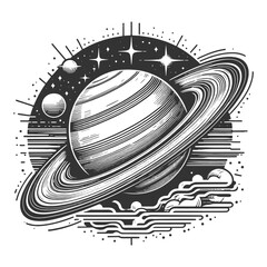 Saturn, detailed with stars and cosmic elements in a vintage astronomical engraving style sketch engraving generative ai vector illustration. Scratch board imitation. Black and white image.