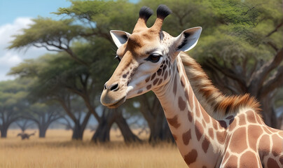A giraffe, close-up in the background.