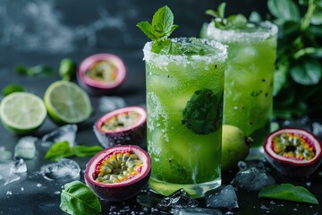 A couple of glasses filled with green liquid and fruit on a table with ice and mint leaves and