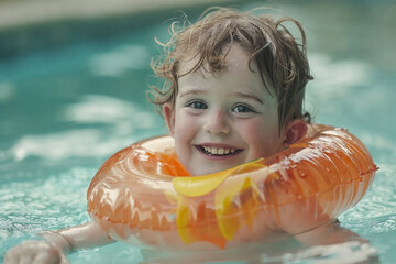 Happy Young Boy Swimming with Orange Lifesaver in Pool