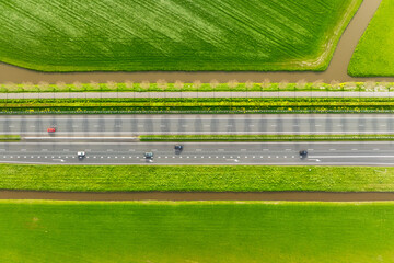 Drone view of a road in the middle of a field. Landscape from a drone. Road and transport. Car traffic. Rows on the field. View from above. - 785729861