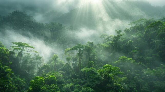 This captivating image showcases a dense, misty jungle with the sun's rays breaking through the foliage, casting a serene glow over the vibrant greenery