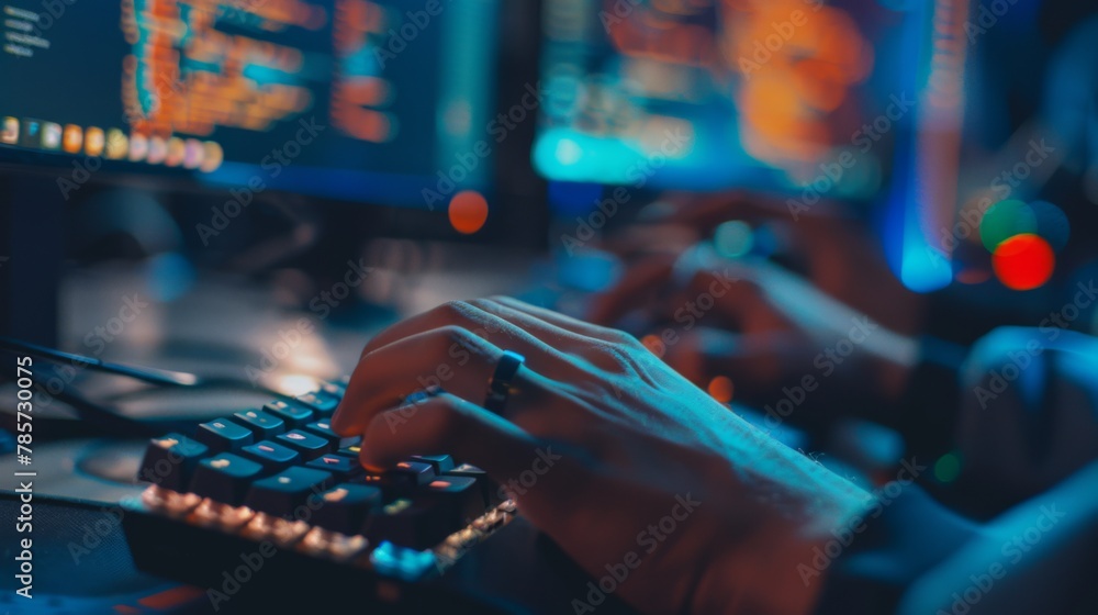 Aufkleber Person Typing on Keyboard in Front of Monitor