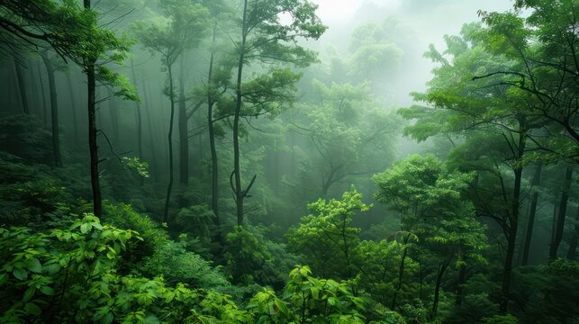 A tranquil forest scene enveloped in mist, showcasing the lush greenery and the serenity of nature The image captures the essence of a peaceful, mystical forest atmosphere