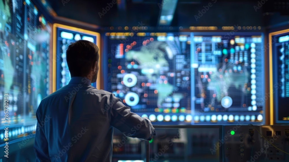 Poster man monitoring advanced control room displays at night