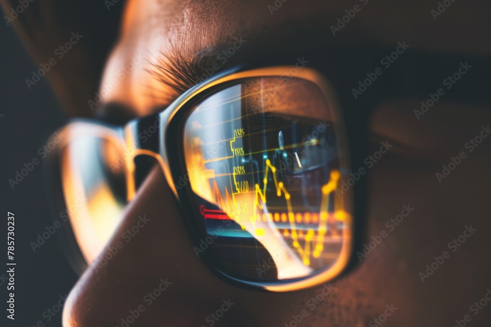 Poster close-up of reflective sunglasses showing a dynamic stock market graph with glowing lines.