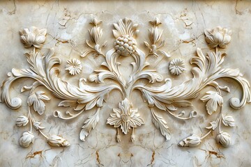 Classic White Floral Bas-Relief on Marble Surface