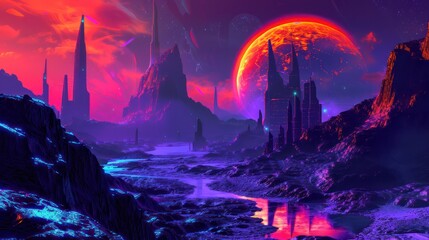 Stunning digital art piece depicting a neon-lit extraterrestrial cityscape against a backdrop of a large, luminous planet and stars The image evokes a sense of exploration and advanced civilization