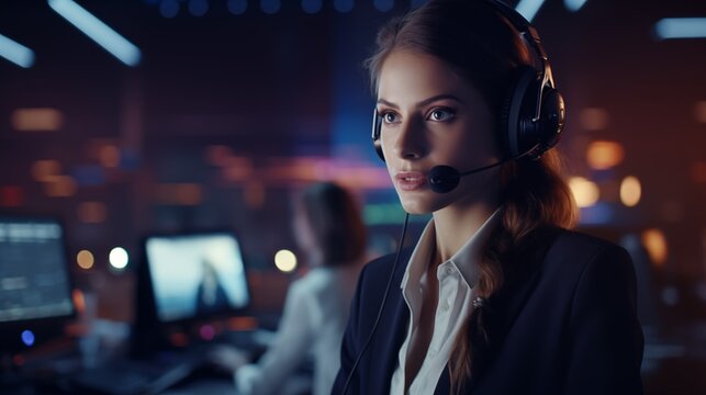 Diligent female call center agent, focused and dedicated, managing tasks on a computer within the central customer service hub.