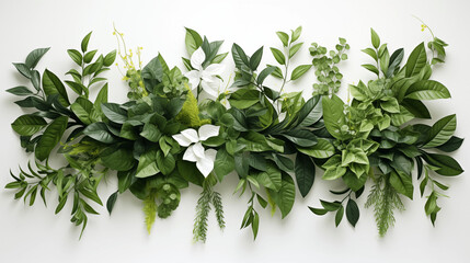 Obraz premium Plantes, fleurs et végétaux. Fond blanc avec espace vide de composition pour création et conception graphique. Feuilles, branchage, nature, tropical.