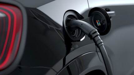 Close-up of an electric car's charging port. Detailed view of EV charging connection. Charging handle attached to black electric car