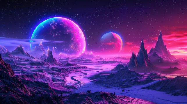 A mesmerizing extraterrestrial scene showcasing vibrant planets rising above a neon-tinged icy terrain under a starlit sky, evoking a sense of wonder and otherworldly beauty