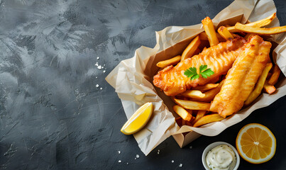 Fish and chips, tartar sauce and a slice of lemon on a card box lunchbox. Greeting card with copy space for National Fish and Chips Day.