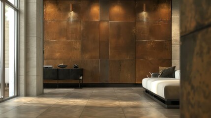 Contemporary bedroom design featuring a luxurious bed, a sleek side table, and a striking metal wall with exquisite lighting that exudes warmth and sophistication