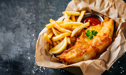 Fish and chips, tartar sauce and a slice of lemon on a card box lunchbox. Greeting card with copy space for National Fish and Chips Day.