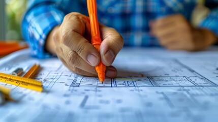 Professional architect carefully reviewing detailed blueprints on a work desk. - obrazy, fototapety, plakaty