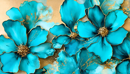 Elegant turquoise flowers alcohol ink background with gold glitter elements