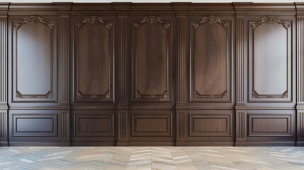 This image showcases a luxurious interior wall with rich wooden paneling and decorative frames, reflecting an opulent, classic design aesthetic