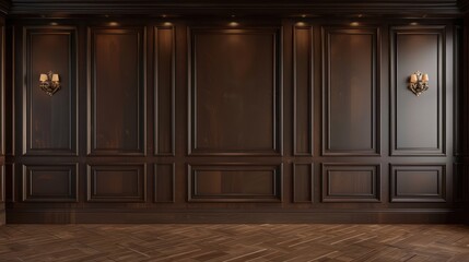 An image of an elegant interior wall with intricate wood paneling and ornate wall sconces on a rich wooden floor, signifying opulence and classic design