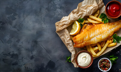 Fish and chips, tartar sauce and a slice of lemon on a black background. Flat lay greeting card with copy space for National Fish and Chips Day.