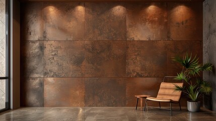 Elegant leather chair placed in a room with a textured rustic copper wall, surrounded by a serene ambience