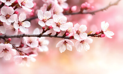 Obraz premium digital art piece featuring cherry blossoms in full bloom on a tree branch, with vibrant pink and white gradients. The flowers should be delicately detailed, with prominent stamens, and softly illumin