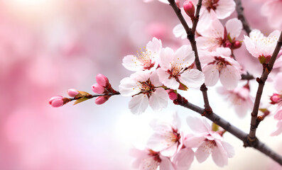 Fototapeta premium digital art piece featuring cherry blossoms in full bloom on a tree branch, with vibrant pink and white gradients. The flowers should be delicately detailed, with prominent stamens, and softly illumin