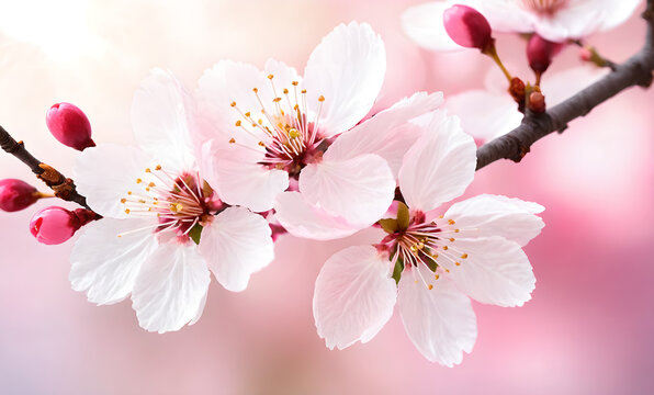 digital art piece featuring cherry blossoms in full bloom on a tree branch, with vibrant pink and white gradients. The flowers should be delicately detailed, with prominent stamens, and softly illumin