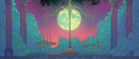Libra zodiac sign in a cinematic courtroom setting, elegant balance scales, soft backlighting, ethereal clouds