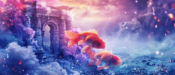 Pisces in a dreamlike underwater cinema, twin fish swirling around ancient ruins, mystical blue hues
