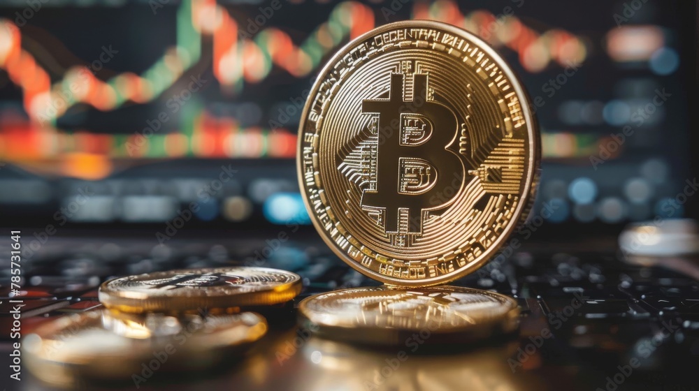 Poster a shiny bitcoin coin placed on a laptop keyboard with stock market graphs in the background, represe