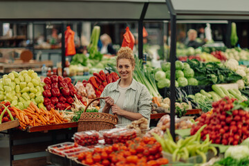 Smiling shopper with basket posing near market stalls at food market.
