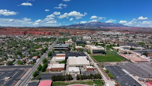 Aerial St George Utah Utah Tech University football pul. Southwest. Settled by The Church of Jesus Christ of Latter-day Saints in 1800's. Fast population growth. Retirement destination. Dixie College.