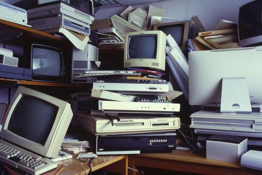 An overwhelming assortment of old monitors, computers, and electronics piled in disarray.