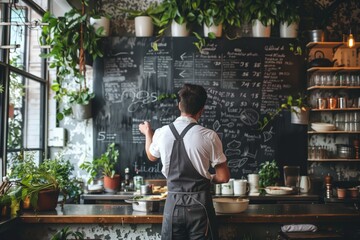 Chef writing on menu blackboard in cafe