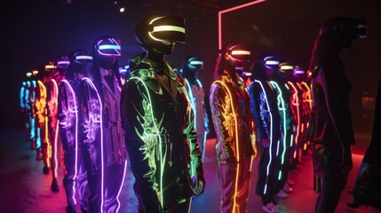 Naklejka premium Neon-Lit Group in VR Helmets at Night