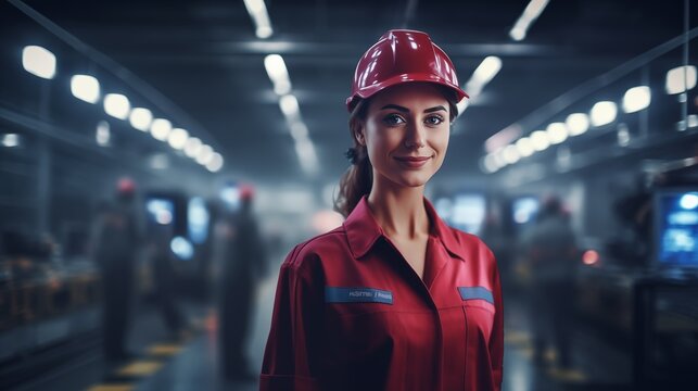 Female Factory worker wearing a safety helmet in the background of a production line.
