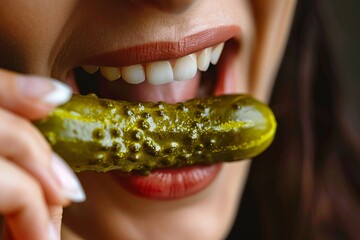 Detailed close-up of a woman munching on a crunchy, savory pickle - obrazy, fototapety, plakaty