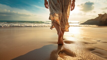 woman walking on the beach, Wet shoreline sand with barefoot prints, ai - Powered by Adobe
