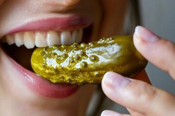 Detailed close-up of a woman munching on a crunchy, savory pickle - obrazy, fototapety, plakaty