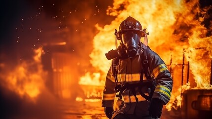 firefighter training., fireman using water and extinguisher to fighting with fire flame in an emergency situation., under danger situation all firemen wearing fire fighter suit for safety.