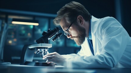 focused scientist using microscope.