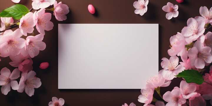 blank card adorned with pink flowers on a brown background