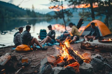 Summer. Authentic outdoor experiences. Friends rest on the forest with a tent near the fire