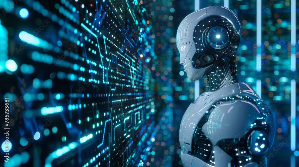 Aufkleber futuristic robot interface engagement in a digital environment
