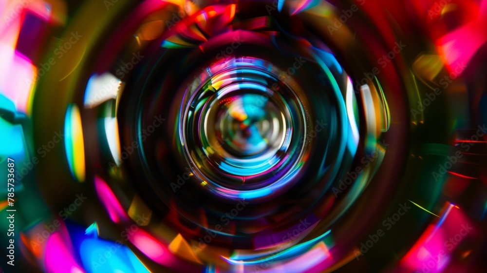 Poster vibrant abstract patterns seen through a kaleidoscope lens, creating a circular design.