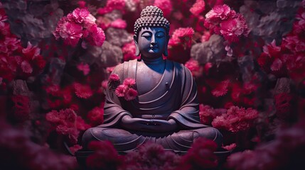 Buddha sits in front of garden with flowers