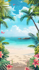 Fototapeta na wymiar illustration of beach with palm trees with leave jungle leaves and flower frame