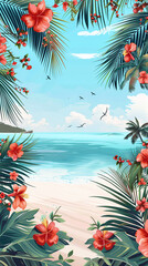 Fototapeta na wymiar illustration of beach with palm trees with leave jungle leaves and flower frame